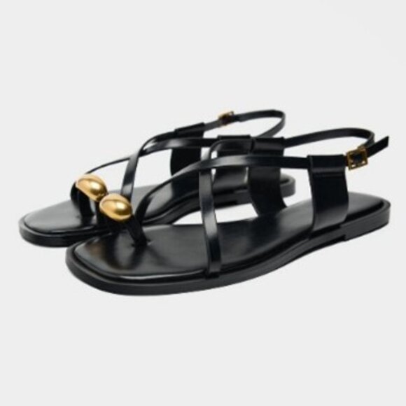 ZARA FLAT STRAPPY SANDALS WITH METAL ORNAMENT - NWT Black | size 40 (9) - Picture 2 of 6